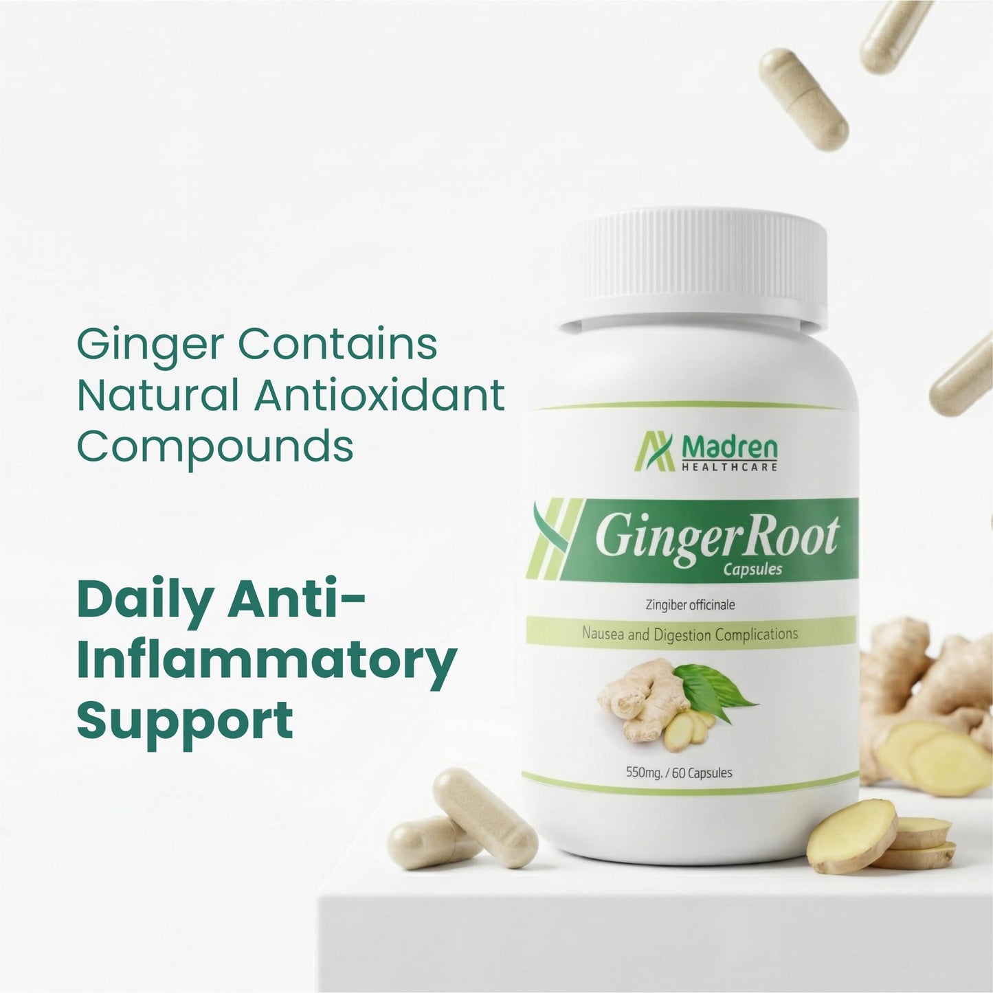 Madren Healthcare Ginger Root Extract 550mg Capsules with 5% Gingerols | Herbal Digestive Wellness Supplement | Supports Daily Wellness & Gut Comfort | Vegan | Non-GMO | 60 Veg Capsules (Pack of 2)