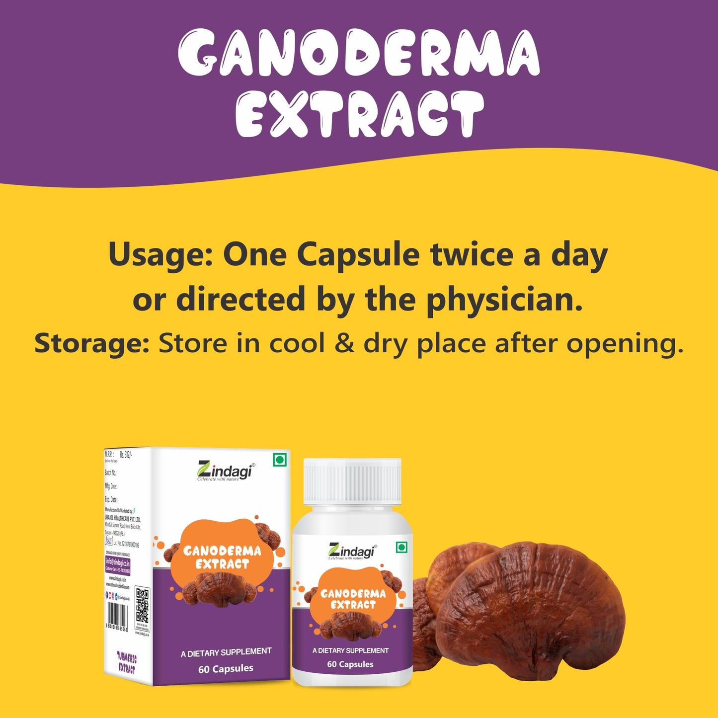 Zindagi Ganoderma Pure Extract Capsules - Helpful In Weight Management - Antioxidants For Healthy Body (60 Capsules)