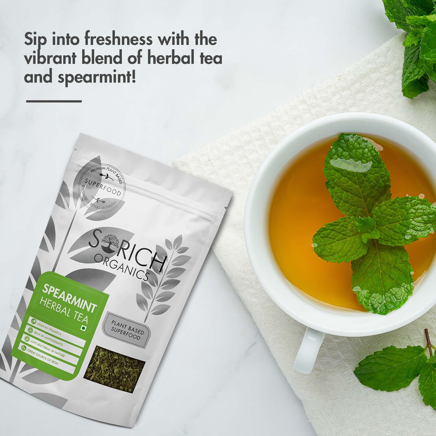 Sorich Organics Spearmint Herbal Tea - 50 gram Caffeine Free Mint Tea helps in Digestion, Hormonal Balance, PCOS,PCOD, Weight Management & Reduces Facial Hair | 50 gm