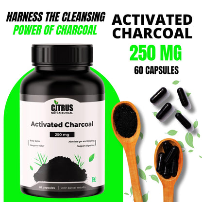 CITRUS NUTRACEUTICAL Activated Charcoal 250 mg Capsules – Natural Detox Supplement for Digestion & Gas Relief – 60 Veg Capsules (Pack of 2)