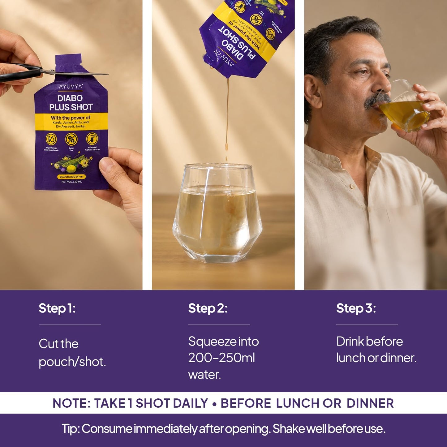 Ayuvya Diabo Plus Shots | For Type 2 Diabetes & PreDiabetes | Helps Manage Healthy Sugar Levels | Packed With Powerful Ayurvedic Ingredients Jamun, Karela, Neem & 10+ Ayurvedic Herbs | No Added Sugar| Pack of 1 month