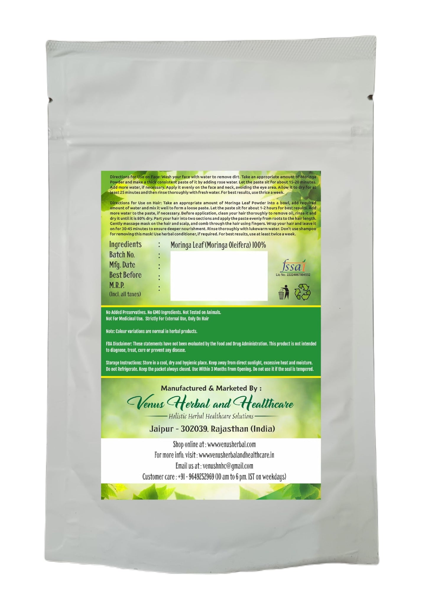 VENUS Unisex Moringa Leaf Powder For Hair Care | Natural - 100% Ground Moringa Oleifera Leaves (100 Grams)