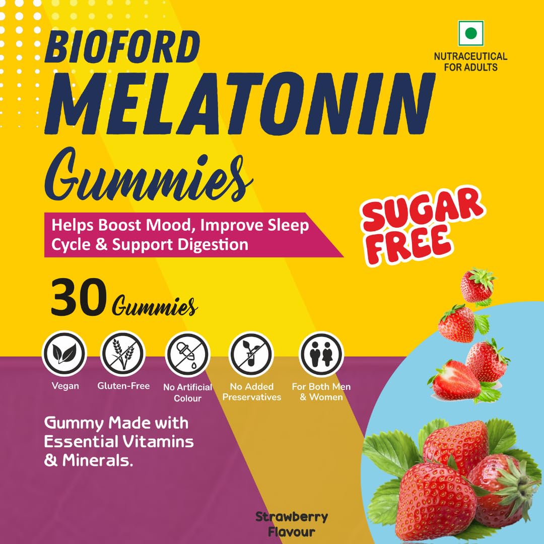 Bioford Melatonin Gummies | Non-Habit Forming | Improves Deep Sleep | Eases Jet Lag | Vegan, Gluten & Gelatin Free | Men & Women | Orange Flavour | 1 X 30 Pack