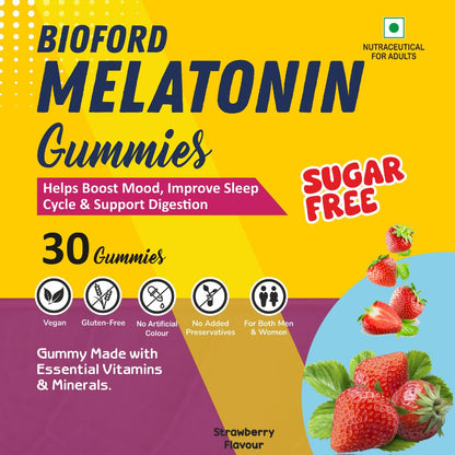 Bioford Melatonin Gummies | Non-Habit Forming | Improves Deep Sleep | Eases Jet Lag | Vegan, Gluten & Gelatin Free | Men & Women | Orange Flavour | 1 X 30 Pack