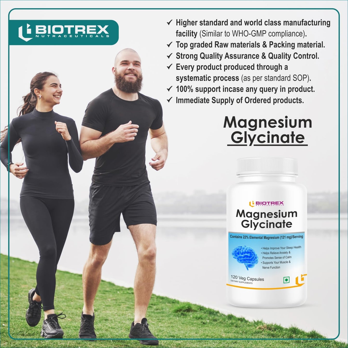 Biotrex Nutraceuticals Magnesium Glycinate | Highest Bioavailability | Cramps, Sleep & Mood balance | Chelated Form With Superior Absorption | Muscle Recovery & Nerve Function | 120 Veg Capsules