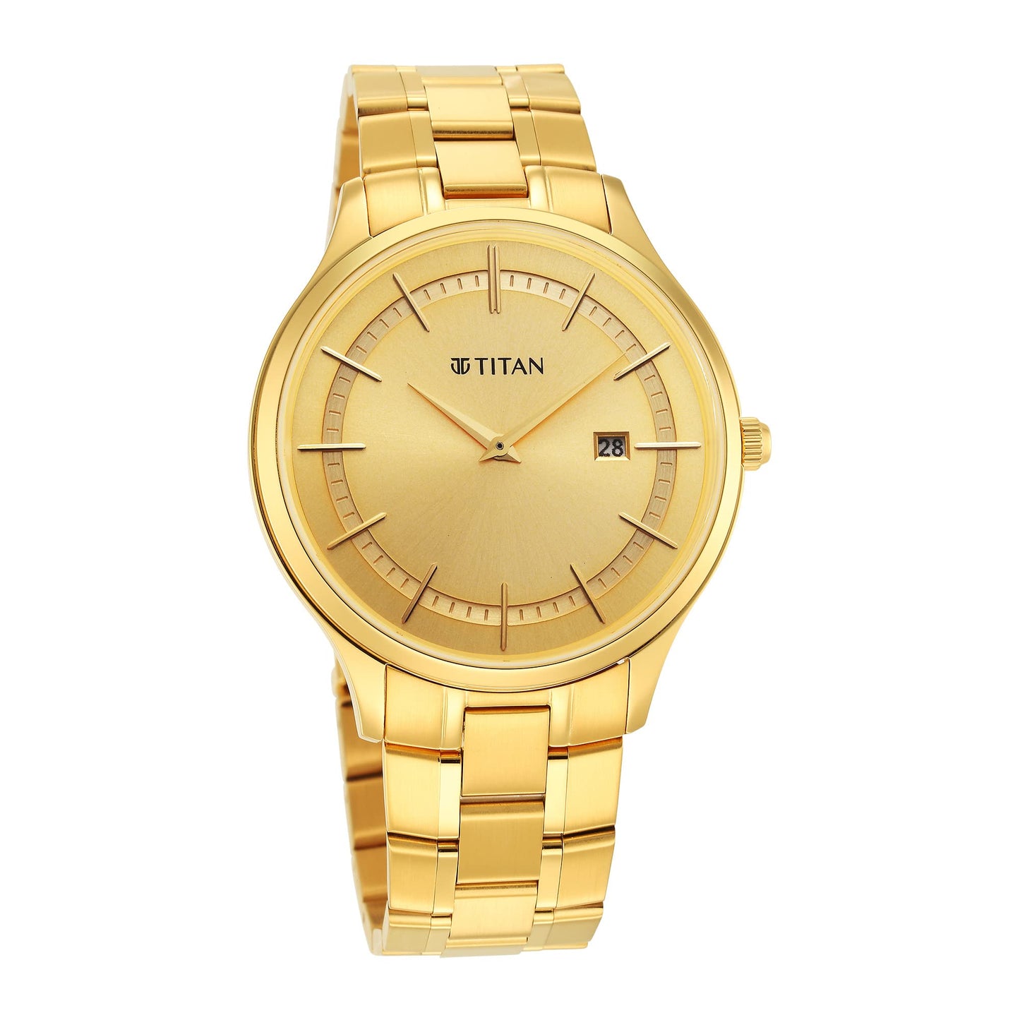 Titan Classique Slimline Champagne Dial Analog with Day and Date Stainless Steel