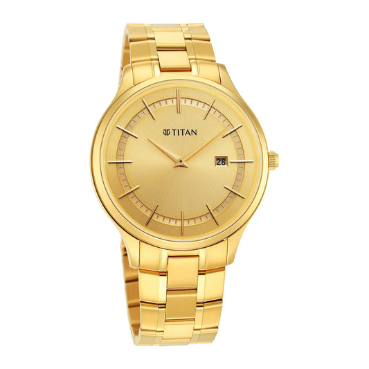 Titan Classique Slimline Champagne Dial Analog with Day and Date Stainless Steel