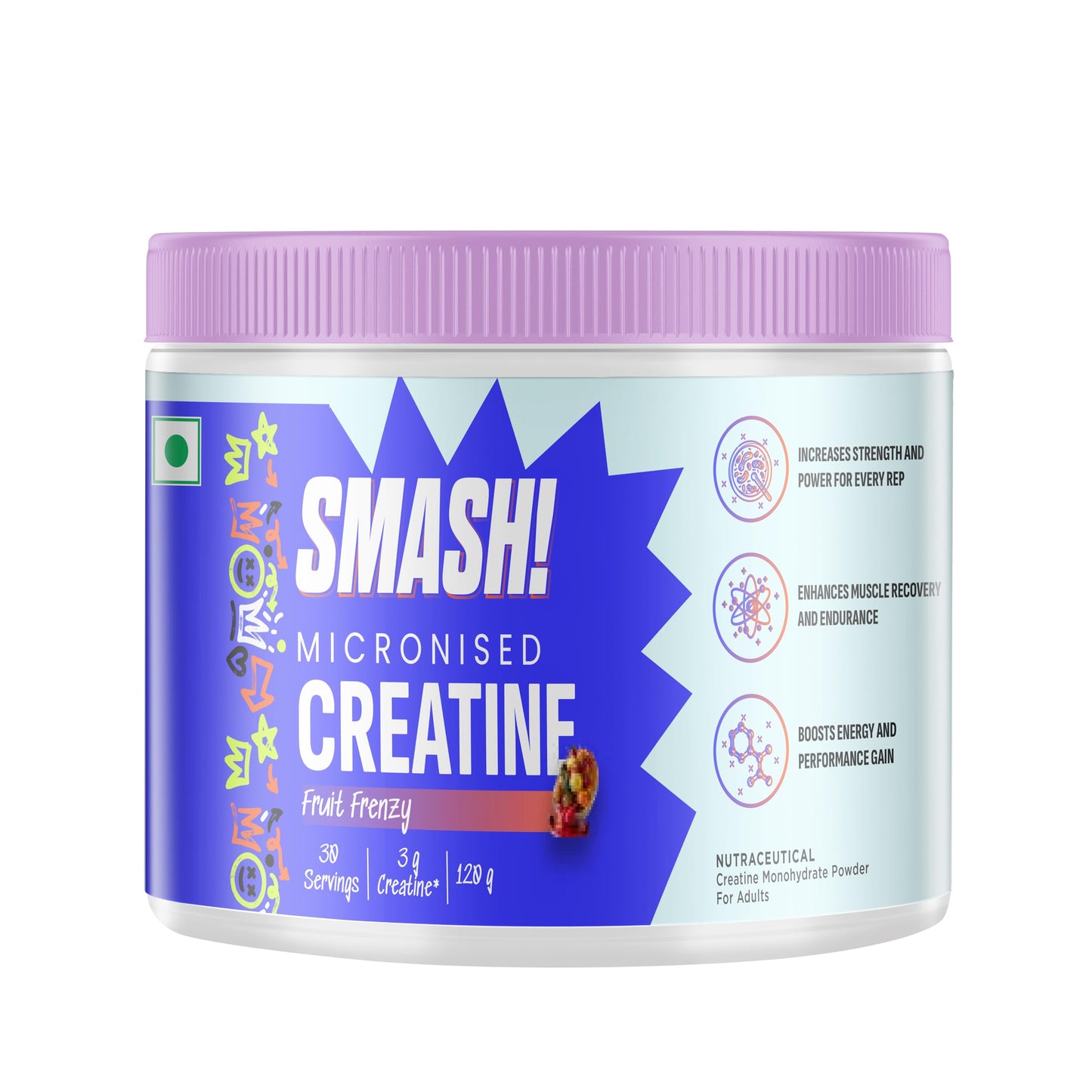 SMASH Micronised Creatine Monohydrate Powder, Fruit Frenzy (30 Servings, 120g)