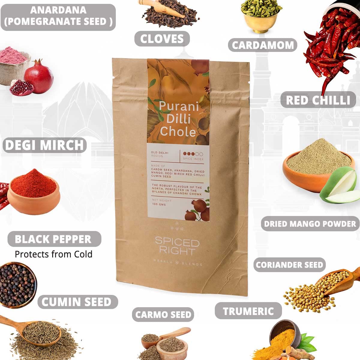 Spiced Right Purani Dilli Chana/Chole Masala Powder (200 Gm) Blended with Traditional Indian Spice & Flavors for an Authentic Taste | Best for Cooking Sabji, Chhole, Chana, & Chickpeas