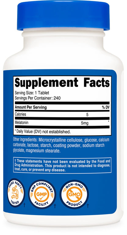 Nutricost Melatonin 5mg, 240 Tablets - 5mg Per Serving, Non-GMO, Gluten Free