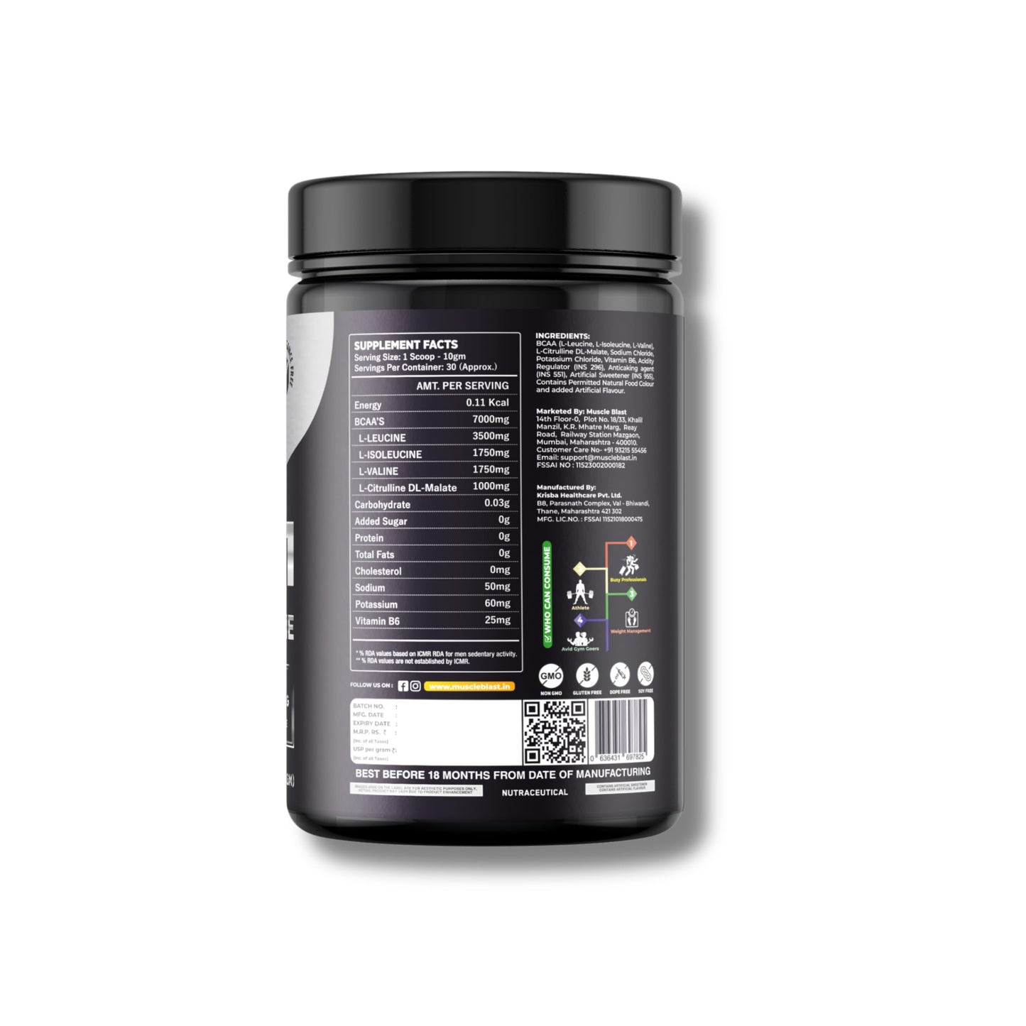 MUSCLE BLAST AMINO EXTREME BCAA | 7G BCAA per Serving | 3.5G L-Leucine | 1.7G L-Isoleucine | 1G Citrulline | Branched Chain Amino Acids for Muscle Recovery & Endurance | 30 Servings (Watermelon)