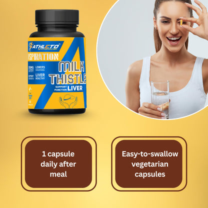 Athleto Milk Thistle 250mg | Liver Support Supplement | Helps Detox, Boosts Digestion, Lowers Cholesterol & Supports Liver Health | 60 Vegetarian Capsules