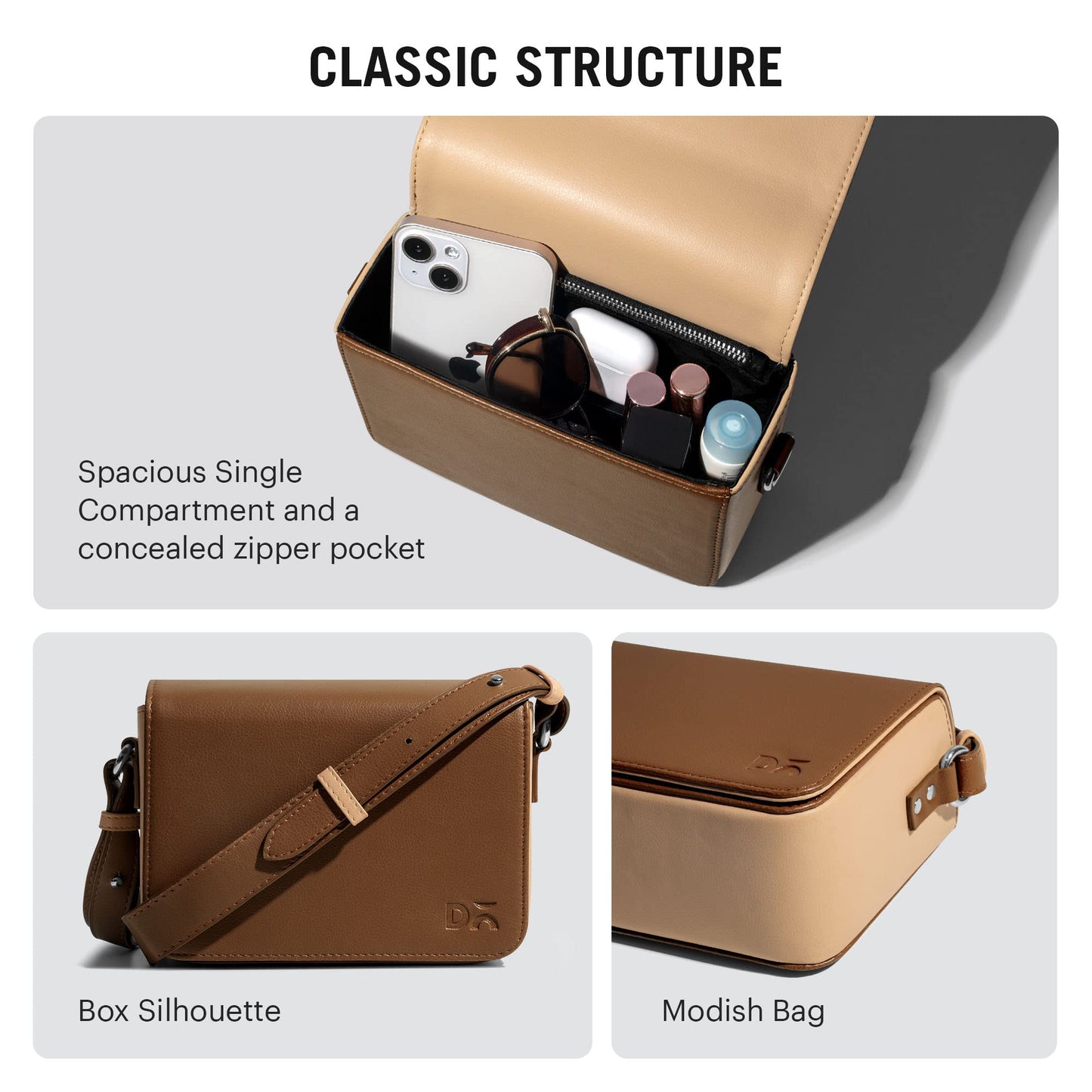 DailyObjects Sol Box Sling Crossbody Bag For Women, Girls Durable Vegan Leather, Stylish Ladies Wallet Purse, Latest Shoulder Handbag, Magnetic Flap Closure & Adjustable Wide Strap, Walnut