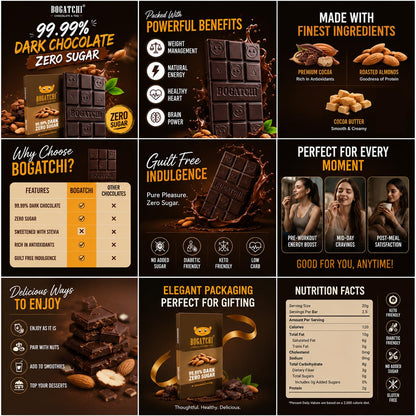 BOGATCHI Premium 99% Dark Chocolate with Almonds, 60g | Intense Real Cocoa Dark Chocolate Bar | Rich Antioxidant Gourmet Chocolate | Roasted Almonds | No Artificial Flavours | Indulgent Healthy Snack