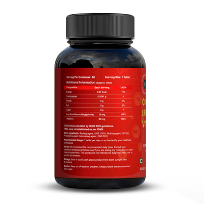 CUREFOREVER Chelated Iron & Vitamin C 60 Tablets for Men - High Absorption Iron & Vitamin C Supplements for Energy, Immunity, Skin Tiredness & Fatigue