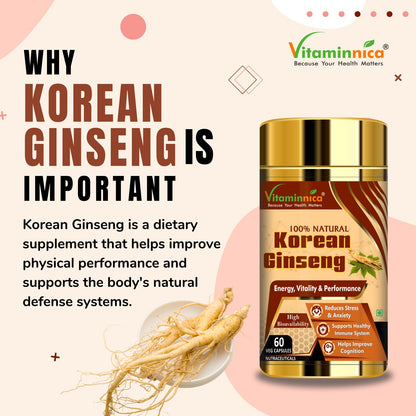 Vitaminnica Korean Ginseng Extract | Supports Stamina, Energy, Vitality, Strength | 60 Veg Capsules (Pack of 1)