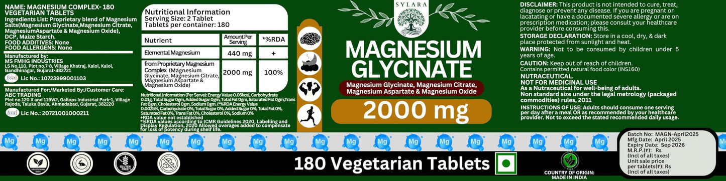 SYLARA Chelated Magnesium Glycinate 2000 mg - 180 Tablets/Capsules Supplement - 100% RDA (Magnesium Glycinate, Citrate, Aspartate Complex)