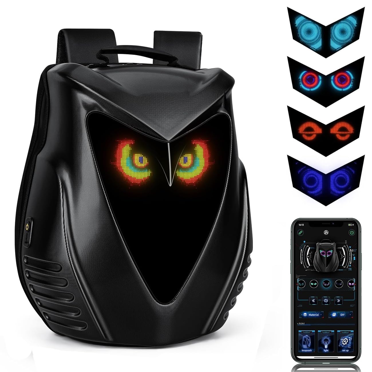 Gelrova Owl Eyes Motorcycle LED Backpack - 22L Expandable, Hardshell APP-Controlled LED Display Cyberpack, Fits 15.6" Laptop, Battery not included