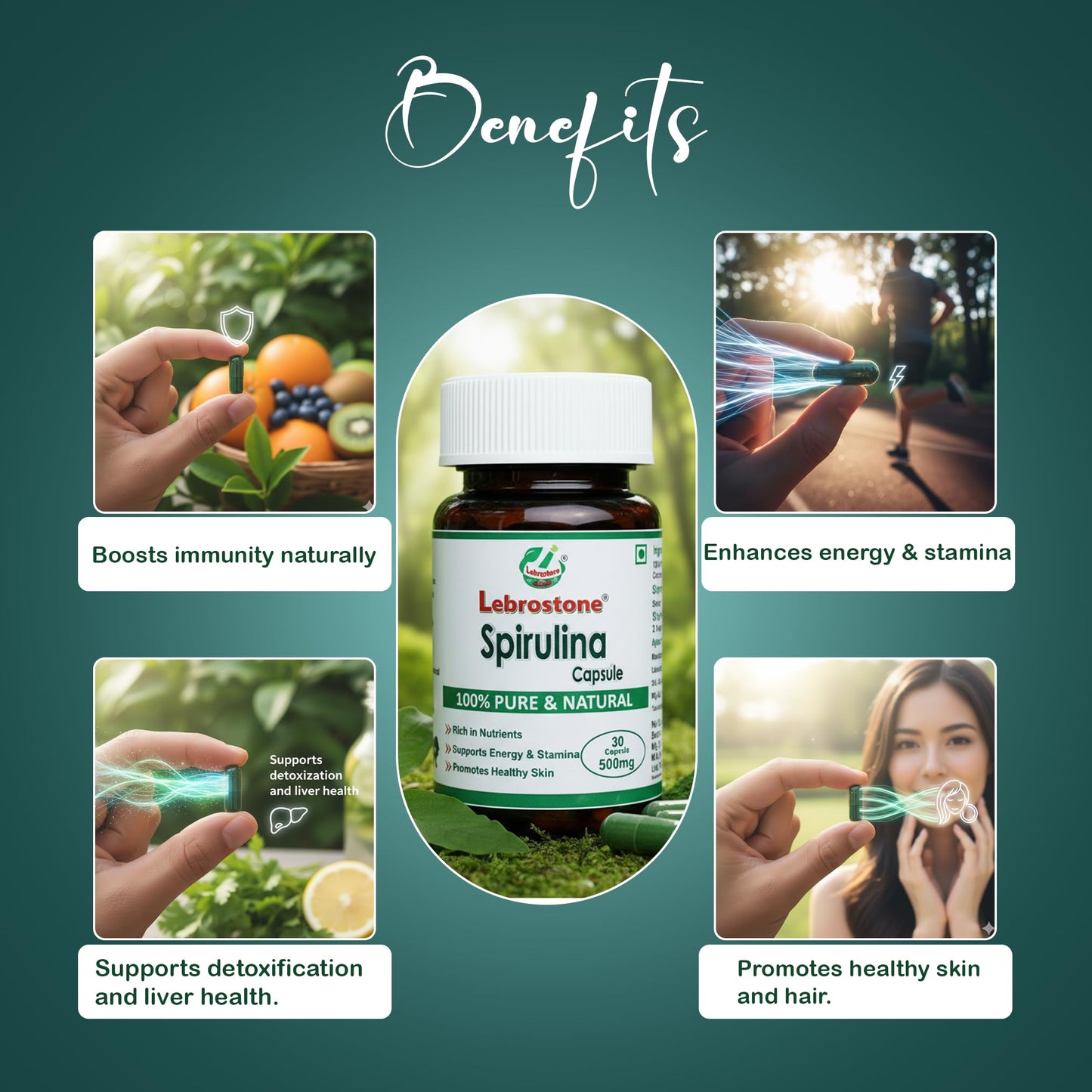 Lebrostone Spirulina Capsules – 30 Veg Capsules | Natural Superfood & Antioxidant | Detox, Boosts Energy, Immunity, Heart & Liver Healt.