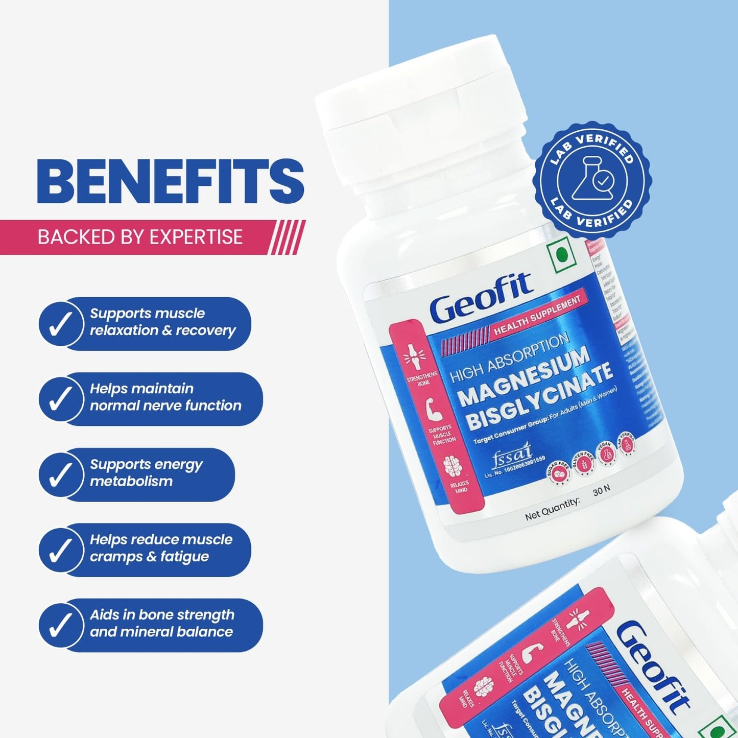 Geofit Magnesium Bisglycinate 30 Tablets for Men & Women | Lab-Verified, Sugar-Free, High Absorption Magnesium Supplement Supports Muscle Recovery, Better Sleep & Cognitive function | Vegetarian Tablets