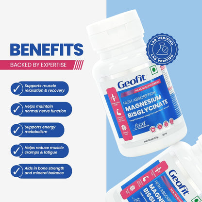 Geofit Magnesium Bisglycinate 30 Tablets for Men & Women | Lab-Verified, Sugar-Free, High Absorption Magnesium Supplement Supports Muscle Recovery, Better Sleep & Cognitive function | Vegetarian Tablets