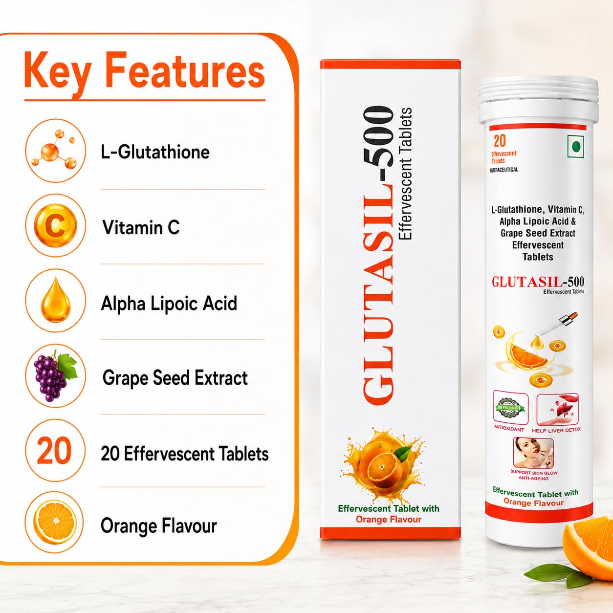 SCIL HEALTHCARE.INDIA Glutasil-500 - L-Glutathione with Vitamin C, Alpha Lipoic Acid & Grape Seed Extract Effervescent Tablets | Refreshing Daily Wellness Drink Supplement