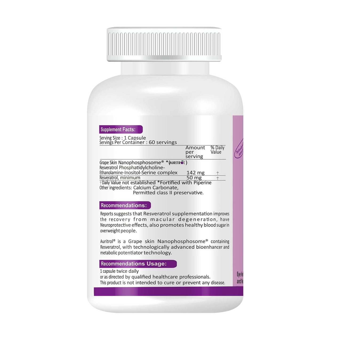 AURITROL Grape Skin Nanophosphosome 142 mg with Resveratrol 50 mg, fortified with Piperine by Aurinko Healthcare. 60 Capsules