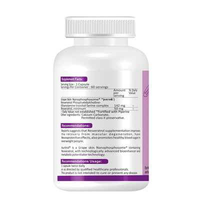 AURITROL Grape Skin Nanophosphosome 142 mg with Resveratrol 50 mg, fortified with Piperine by Aurinko Healthcare. 60 Capsules