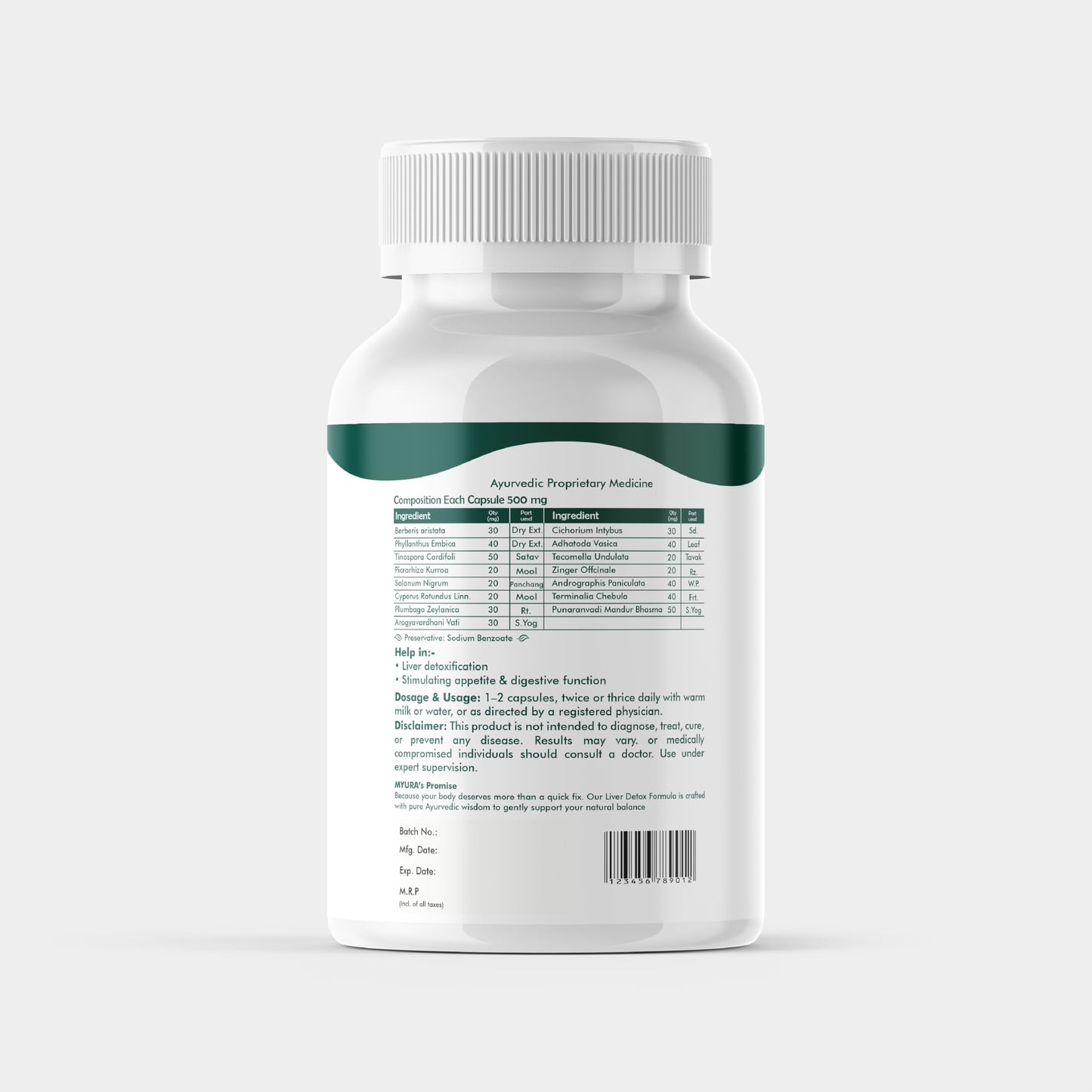 MYURA Liver Detox Formula | Ayurvedic Liver Cleanse & Detox Support | With Kalmegh, Kutki & Punarnava | 60 Veg Capsules | Supports Liver Purification & Metabolism