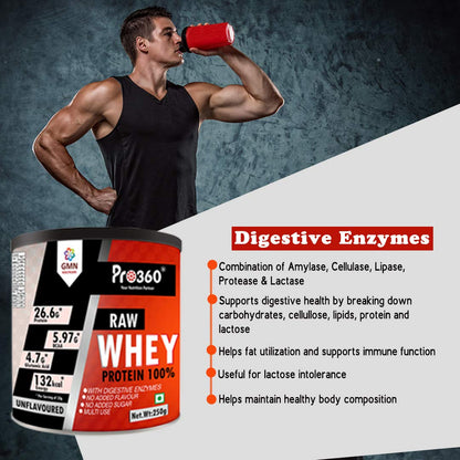 Pro360 Raw Whey Protein – Unflavoured, 250g, 26.6g Protein + 5.97g BCAA per Serving