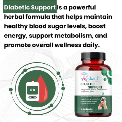 Raskam Diabetic Support Capsules | Blood Sugar & Wellness Support | 100% Vegetarian | 60 Capsules