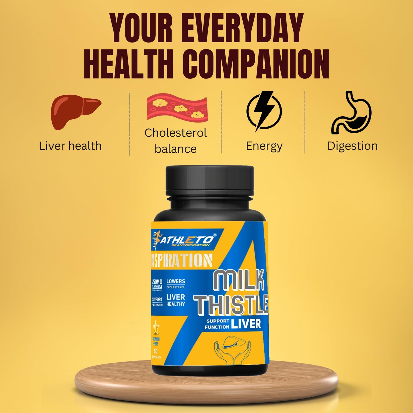 Athleto Milk Thistle 250mg | Liver Support Supplement | Helps Detox, Boosts Digestion, Lowers Cholesterol & Supports Liver Health | 60 Vegetarian Capsules