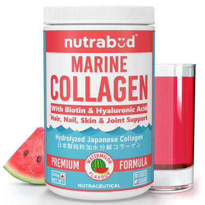 Nutrabud Japanese Marine Collagen Powder Supplement for Women, Men | No Added Sugar | Supports Skin Radiance, Healthy Hair, Nails & Joints | Hydrolyzed Collagen Peptides (Watermelon, 200g)