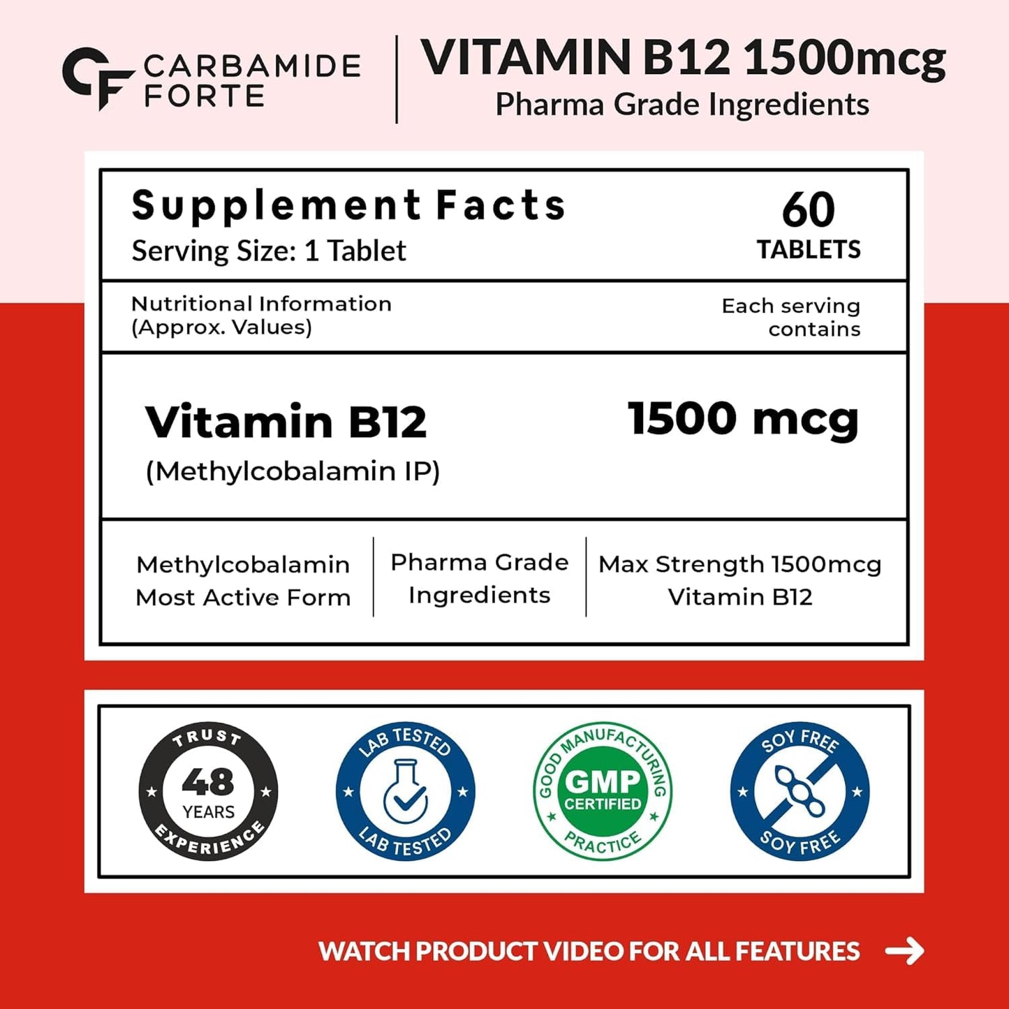 Carbamide Forte Vitamin B12 Supplements | B12 Vitamin Tablets - Methylcobalamin 1500mcg | Best Vitamin B-12 Supplement for Men & Women - 60 Tablets