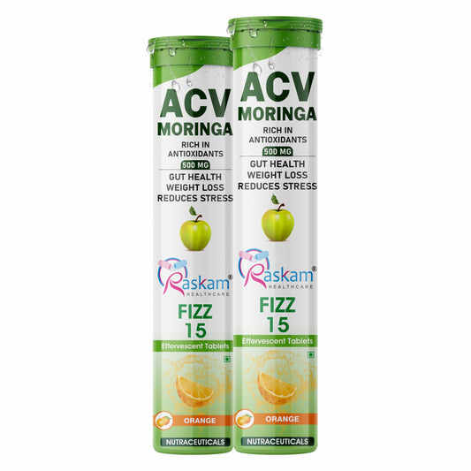 Raskam ACV Moringa Effervescent Tablets | 15 Tablets in refreshing Orange Flavour, 500mg (Pack of 2) Natural Energy & Immunity Booster with Antioxidants