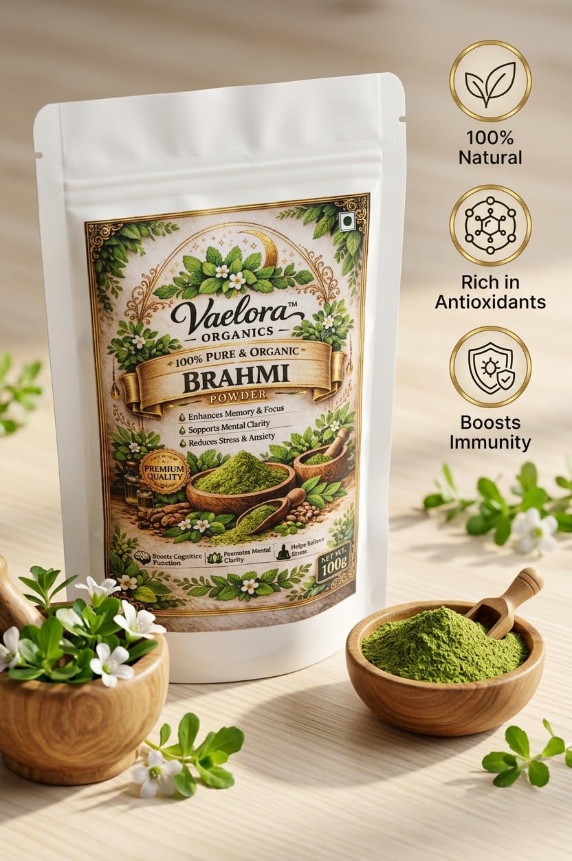 Vaelora Organics 100% Pure Brahmi Powder 100g | Natural Brain Booster for Memory, Focus & Mental Clarity | Ayurvedic Herbal Powder for Stress Relief & Hair Growth | Chemical-Free & Organic