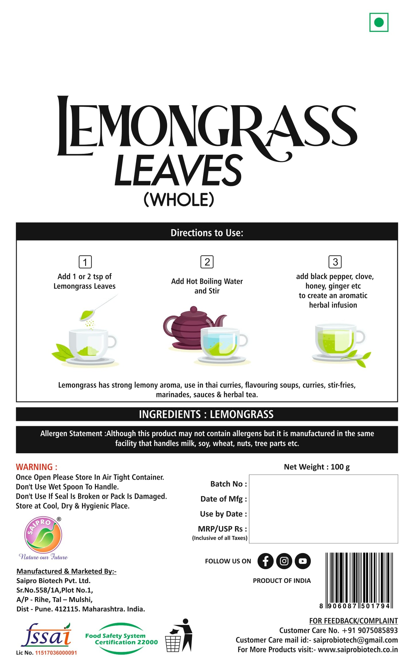 EATERY HARVEST Lemongrass Tea Leaves, 100% Natural, Caffeine-Free 100 gm, Makes 80+ herbal tea Cups