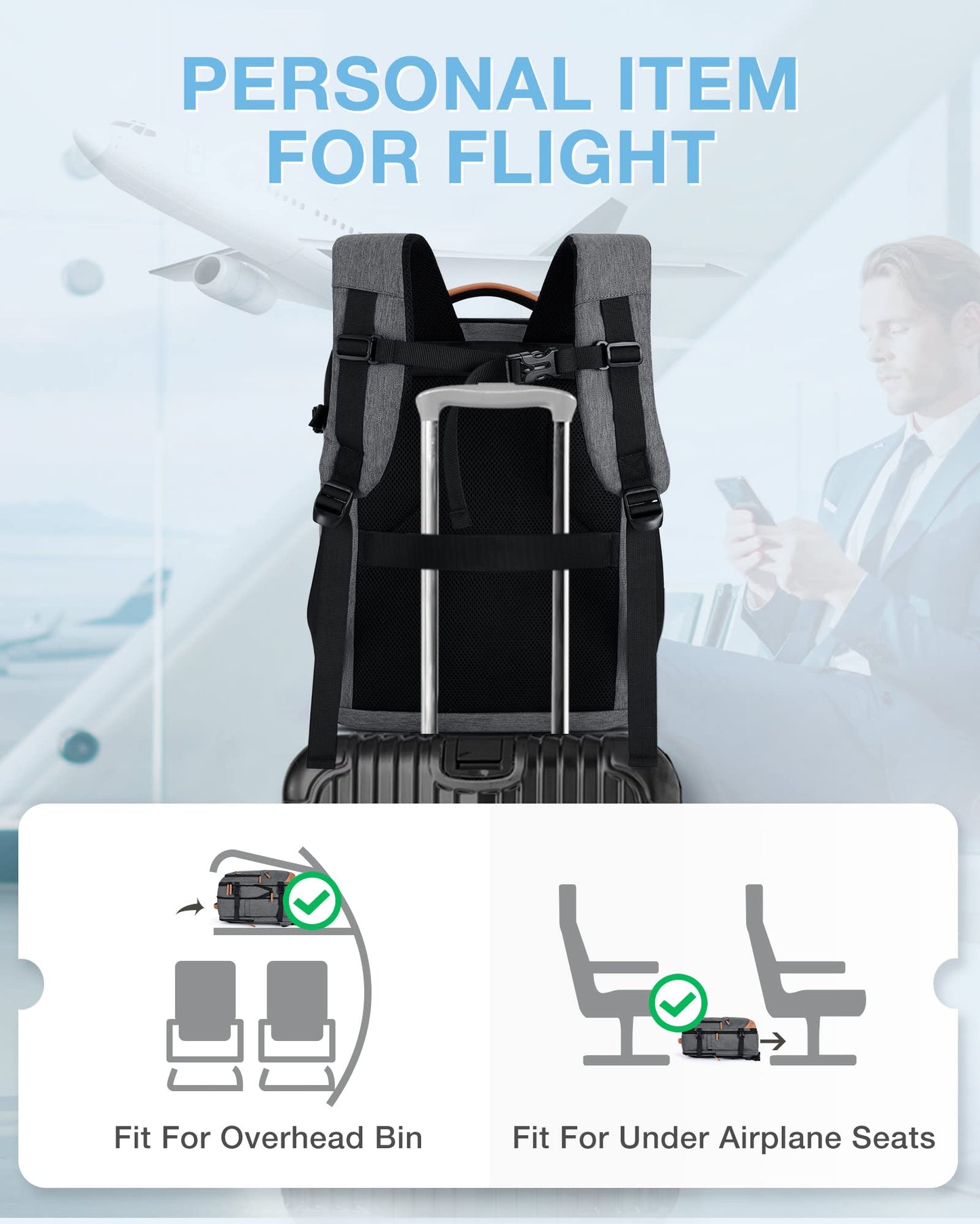 BAGSMART Travel Laptop Backpack, 40L Expandable Airline Approved Carry On Backpack with Packing Cubes, Grey, 47cm*31cm*15.5cm, Travel Backpack Carry on Flight Approved