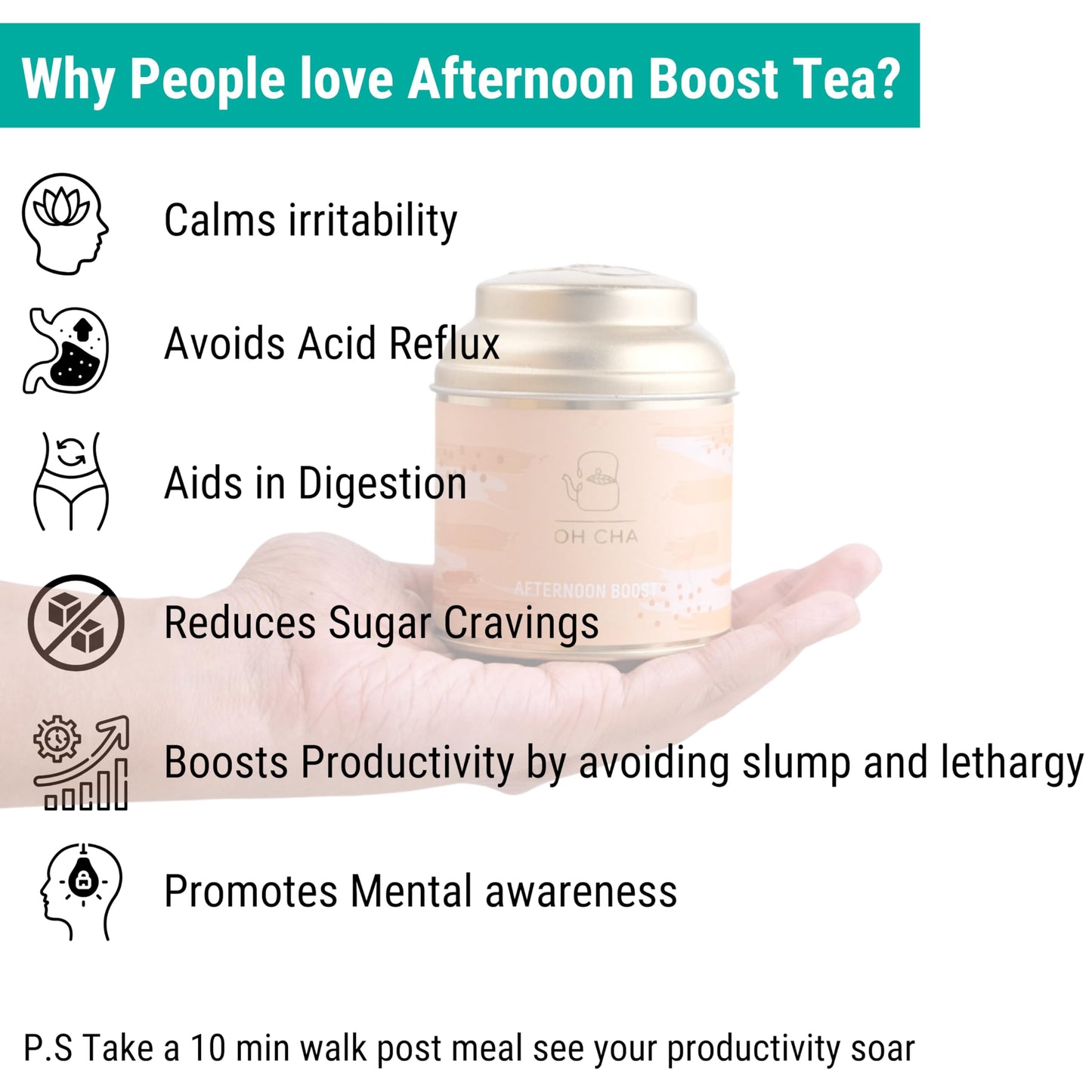 OH CHA - Green Tea, Afternoon Boost | with Dandellion, Fennel, Peppermint, Nettle leaf and Rose petals | Post Meal Digestive Tea | Beat the Afternoon Slump | 100% Whole Green tea leaves | 35g Tin