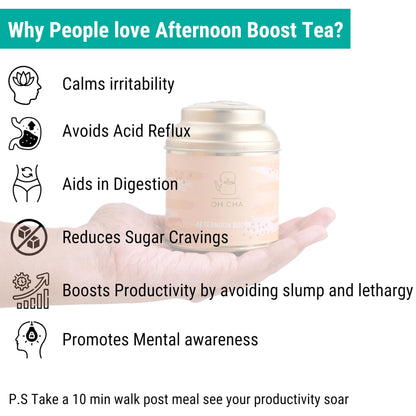 OH CHA - Green Tea, Afternoon Boost | with Dandellion, Fennel, Peppermint, Nettle leaf and Rose petals | Post Meal Digestive Tea | Beat the Afternoon Slump | 100% Whole Green tea leaves | 35g Tin
