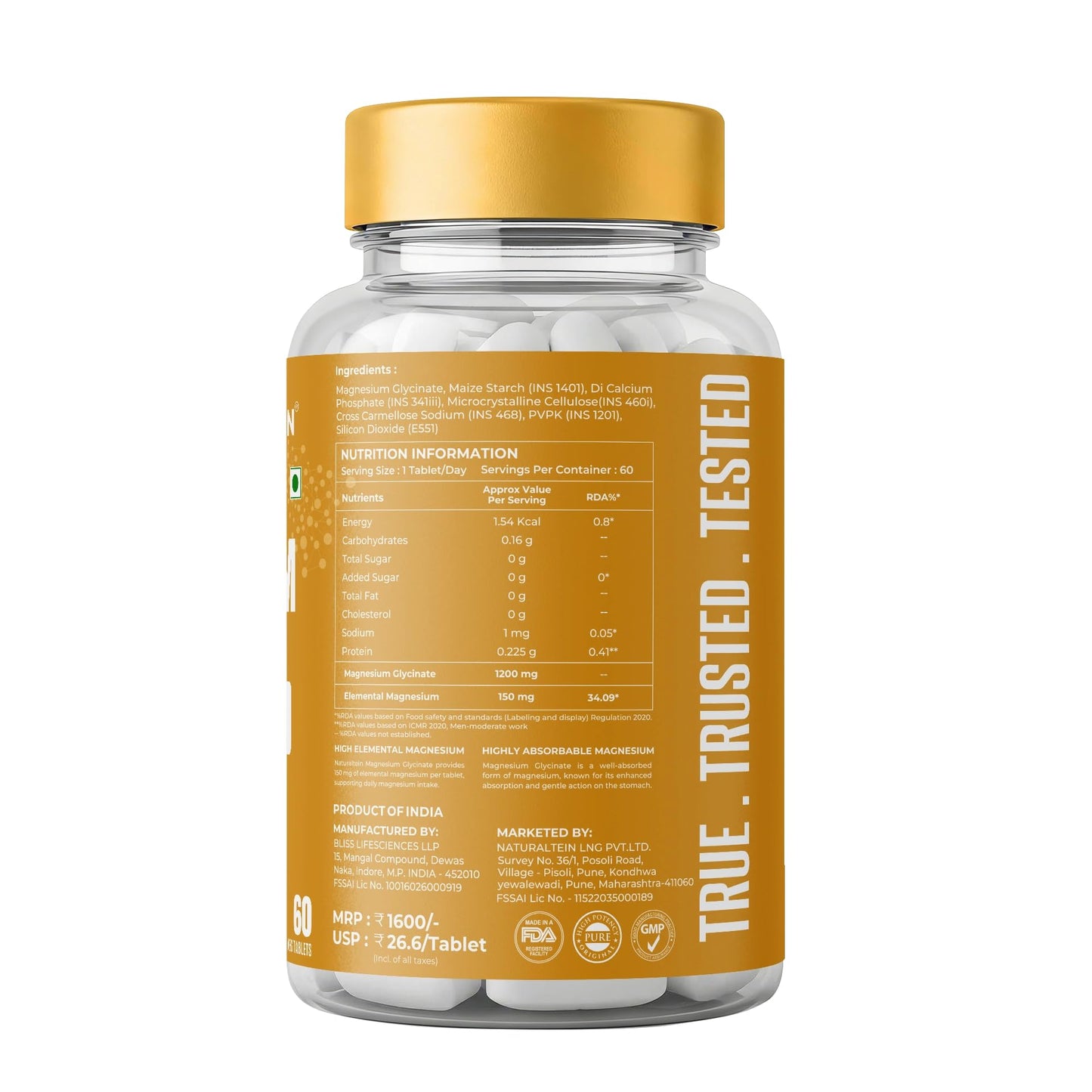 Naturaltein Magnesium Glycinate 1200mg (150mg Elemental) | Chelated High Absorption Magnesium Supports Sleep Quality & Muscle Relaxation | Glyphosate Tested | 60 Tablets