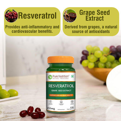 Pure Nutrition Resveratrol 255mg - 120 Veg Capsules | Powerful Antioxidant for Anti-Aging, Heart Health & Immunity | With Grape Seed Extract for Skin Radiance, Cellular Health & Healthy Aging | Supports Joint & Brain Function