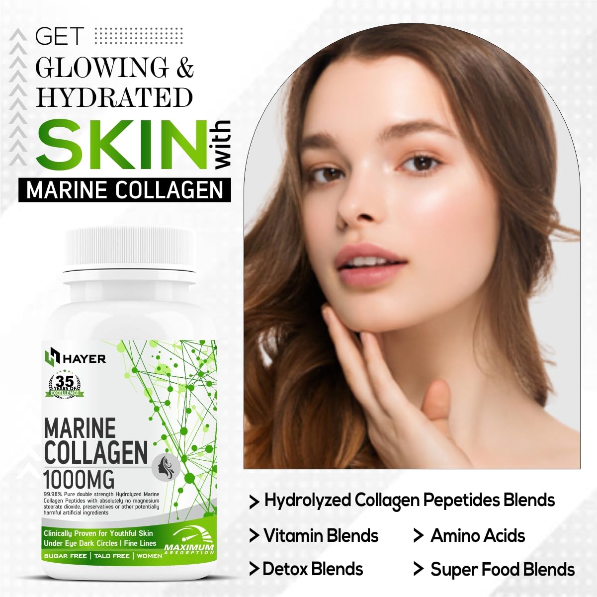 HAYER Marine Collagen Supplements For Women (Peptides) With Vitamin C, E, Glutathione Tablet, Cranberry, Plant-Based Powder Biotin Supplement For Skin Glow & Beauty Gluten & Sugar Free-60 Tablets