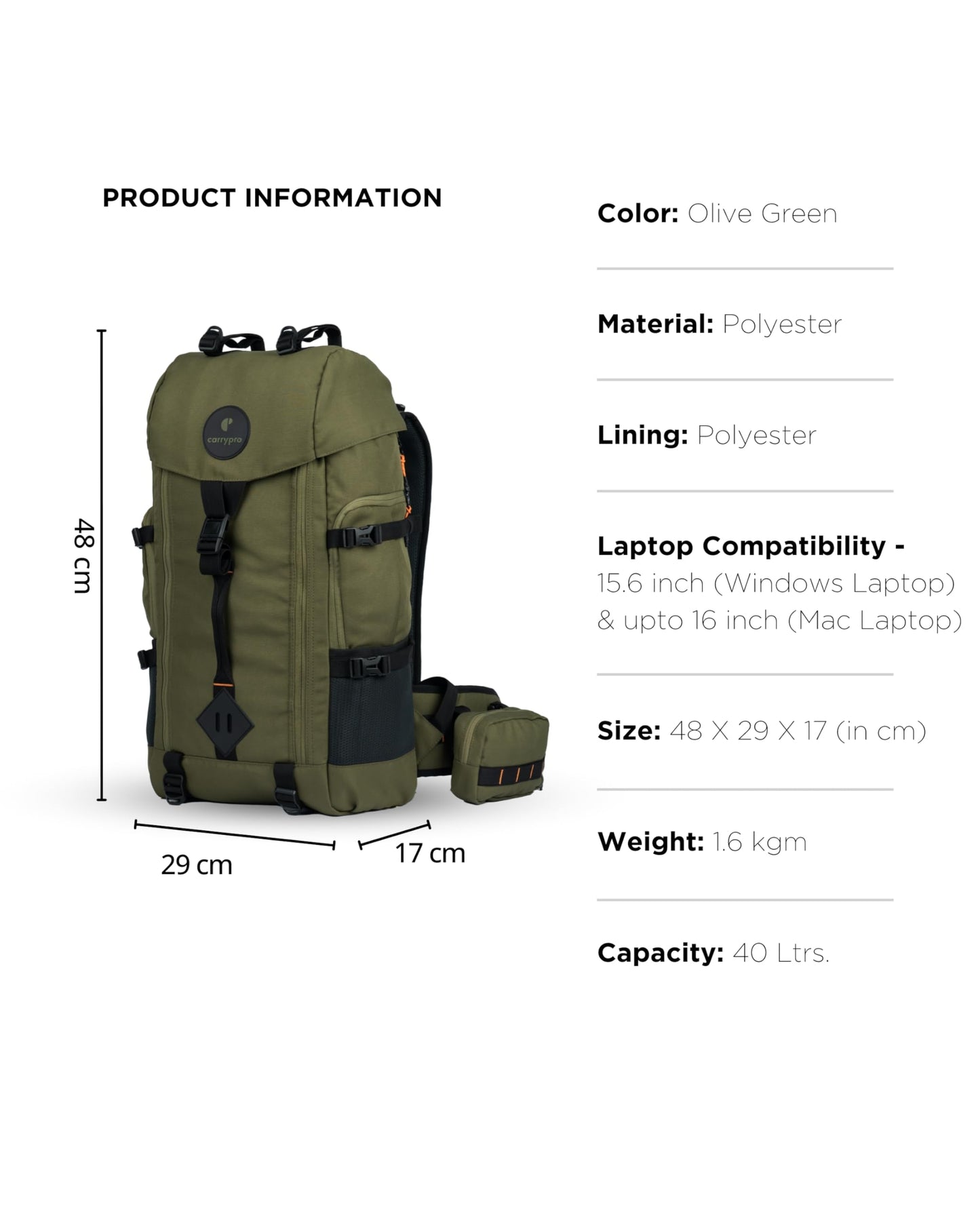 CarryPro HOBO40 v2.0– 40L Functional Travel Backpack for Men & Women, Camping, Biking, Trip, Trekking Bag, Fits 15.6 Laptop, Water-Resistant with Rain Cover & Travel Pouch, 2-Year Warranty(OliveGreen)
