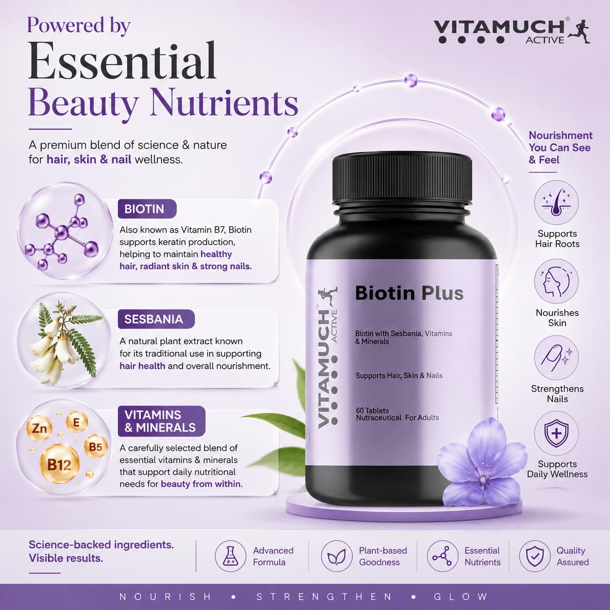 Vitamuch Biotin Plus Tablets with Zinc Iron Vitamins A C D3 E B12 Folic Acid | Hair Skin Nails Support Supplement | 60 Tablets