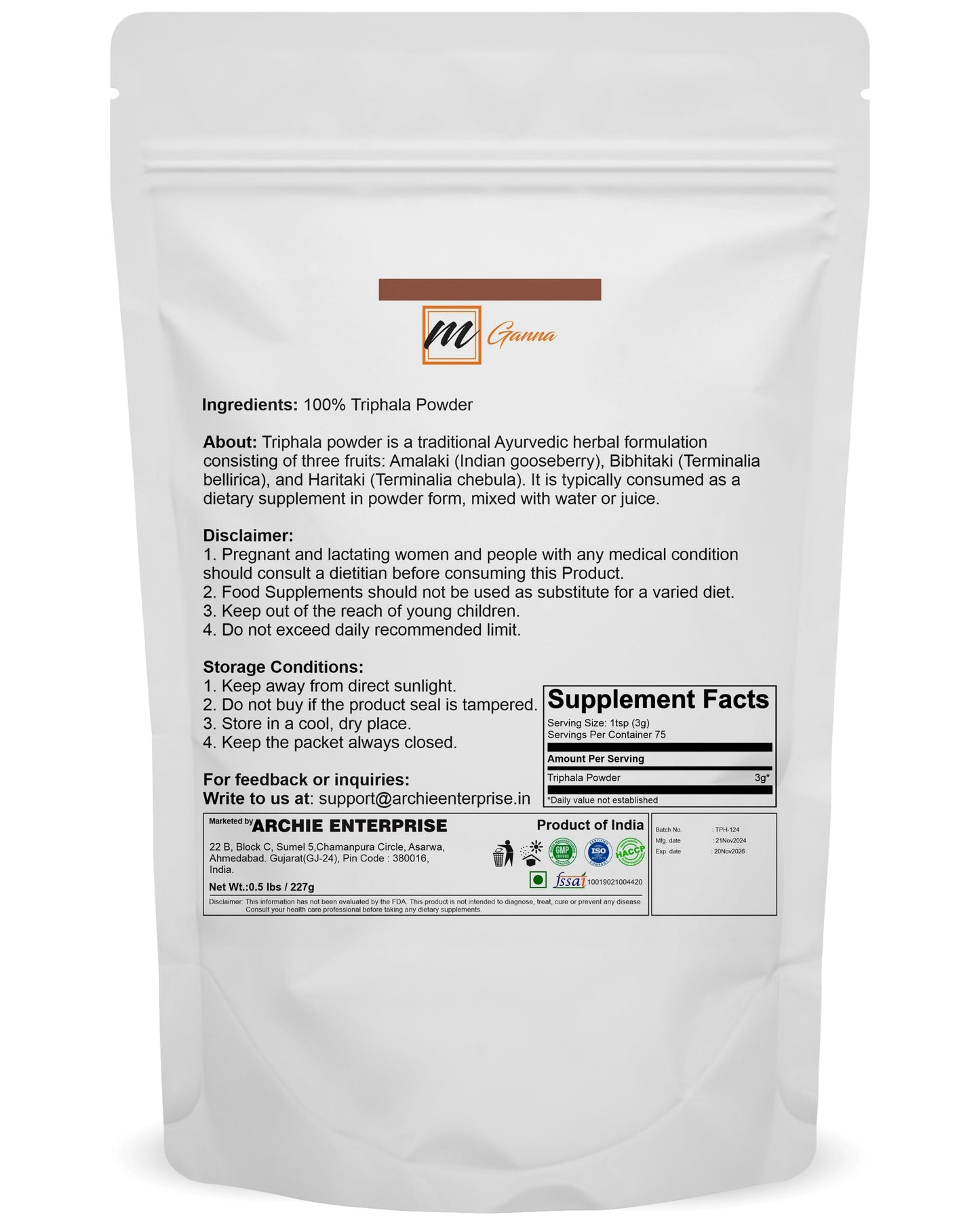 mGanna Triphala Powder for Skin and Health Care 227g / 0.5lbs