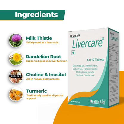 HealthAid Livercare – Liver Detox Supplement with Milk Thistle, Dandelion, Choline & Inositol | Supports Healthy Liver Function & Metabolism | For Men & Women | 60 Tablets