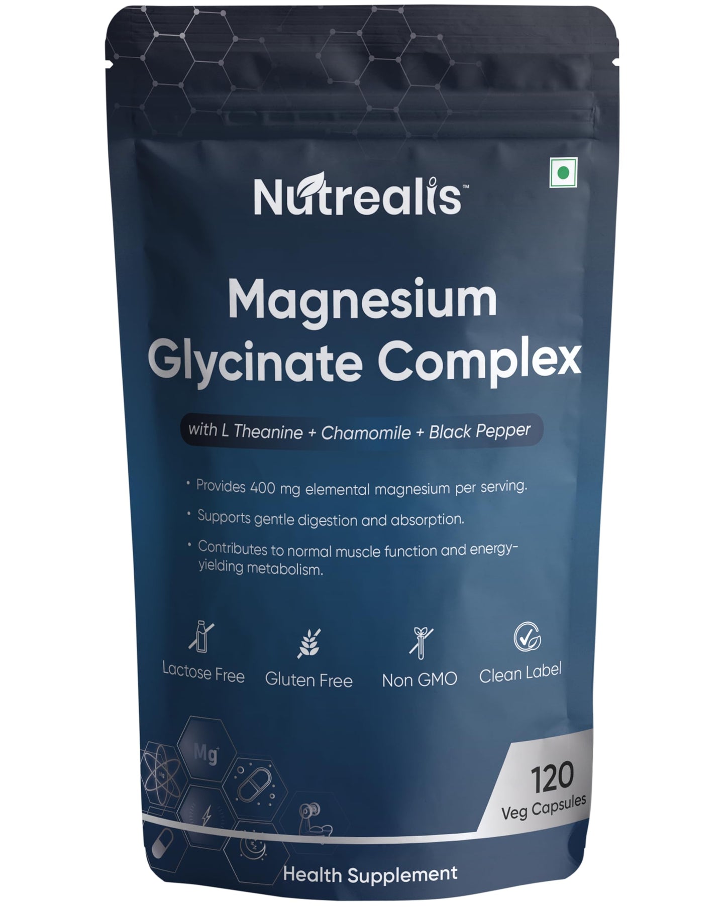 Nutrealis Magnesium Glycinate 400mg Elemental, Chelated High Absorption with L-Theanine, Chamomile & Black Pepper, Sleep Stress Muscle Support, 120 Vegan Capsules
