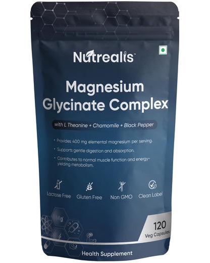 Nutrealis Magnesium Glycinate 400mg Elemental, Chelated High Absorption with L-Theanine, Chamomile & Black Pepper, Sleep Stress Muscle Support, 120 Vegan Capsules