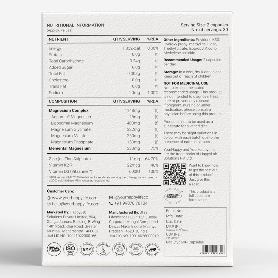 YourHappyLife Magnesium 5X Pro - 60 Capsules | Advanced Time-Release Magnesium Supplement with 5 Forms of Magnesium with Vitamin D3, K2 & Zinc for Sleep, Recovery & Stress Relief Pack of 1